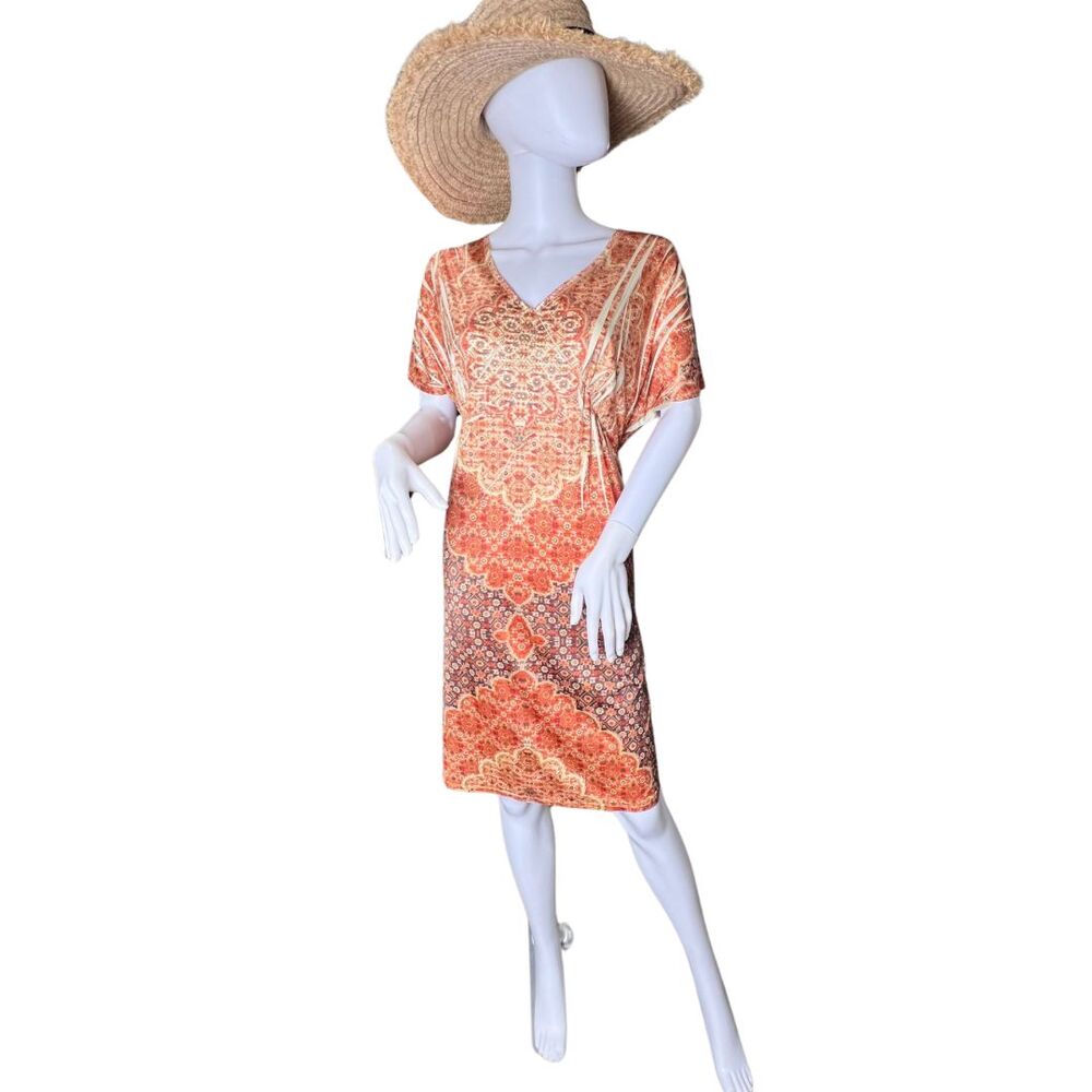 Cato Day Dress L Coral Cream Orange Floral Mandala Casual Festival Boho Dress - Picture 1 of 13